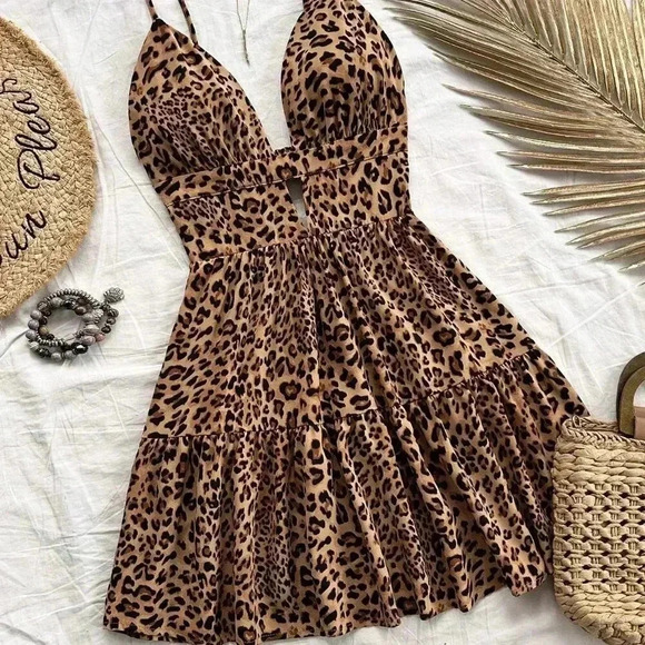 Multicolor Sexy Women's Leopard Print Layer Hem Cami Dress - Picture 4 of 5